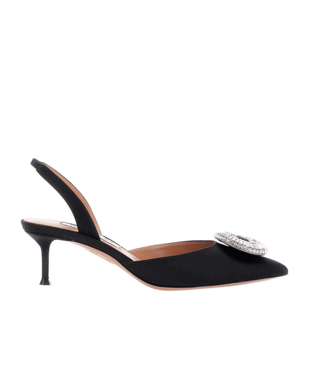 Aquazzura Crystal Hoop Black Slingback Pumps With Rhinestoned Embellishment And Kitten Heel In Tech Fabric Wom In Multi