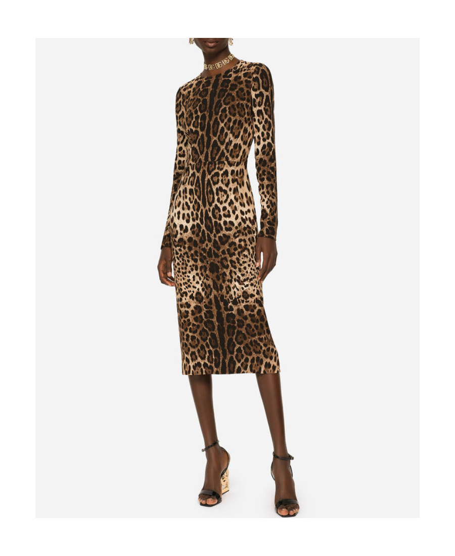 Dolce & Gabbana Leopard Print Long Sleeve Cady Midi Dress In Black