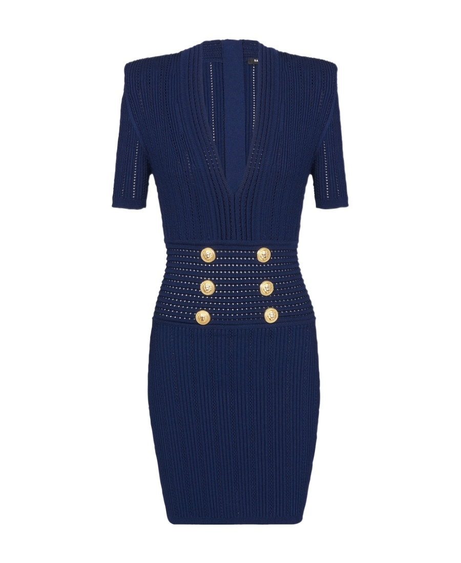Balmain Button-embellished Ribbed-knit Mini Dress In Blue
