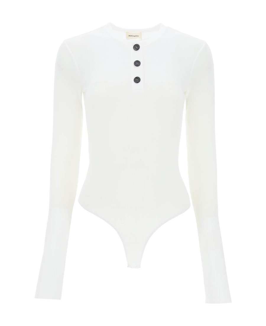 Shop Khaite Long-sleeved Ribbed-knit Bodysuit In White