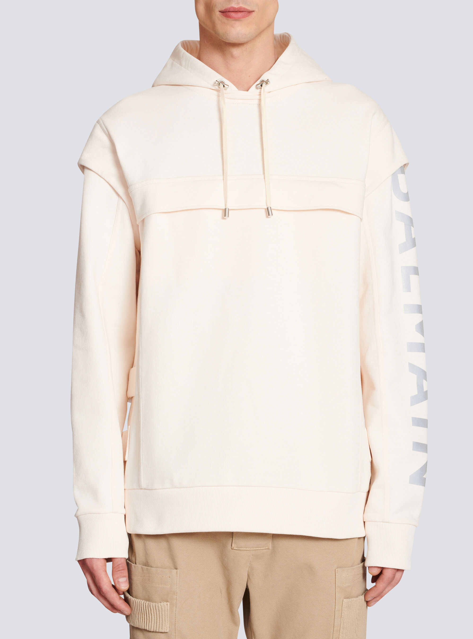 Shop Balmain Cotton Printed Logo Hoodie In White
