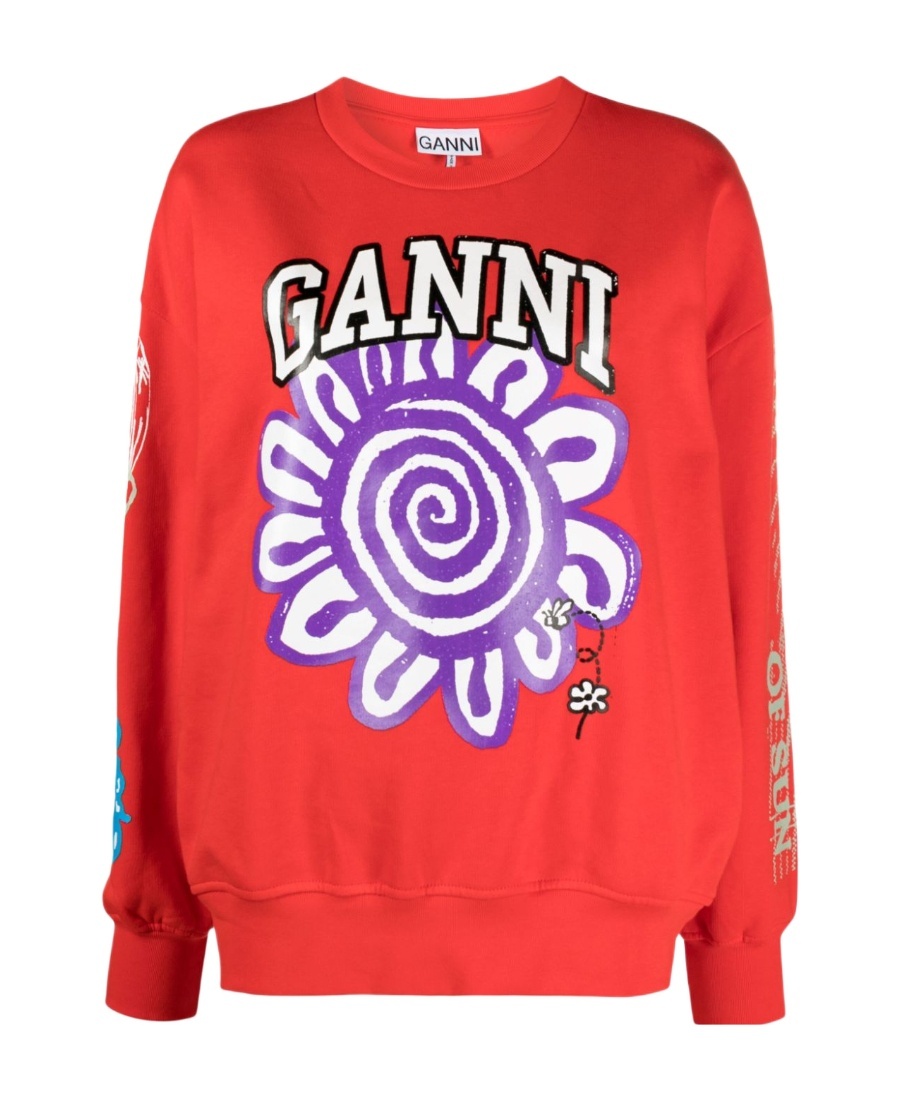 Ganni Logo-print Organic Cotton Sweatshirt In Red