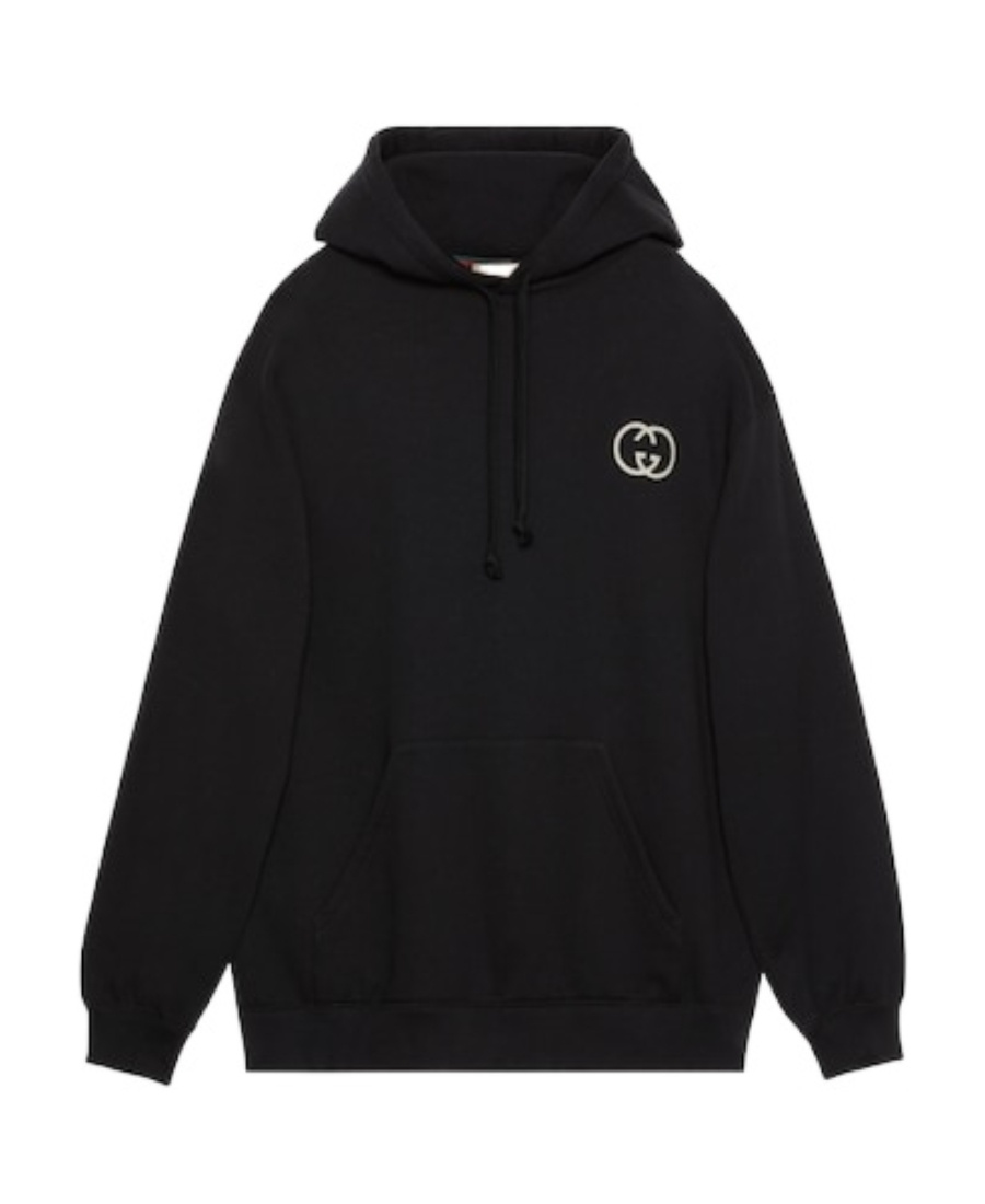 Gucci Interlocking G-patch Drawstring Hoodie In Black