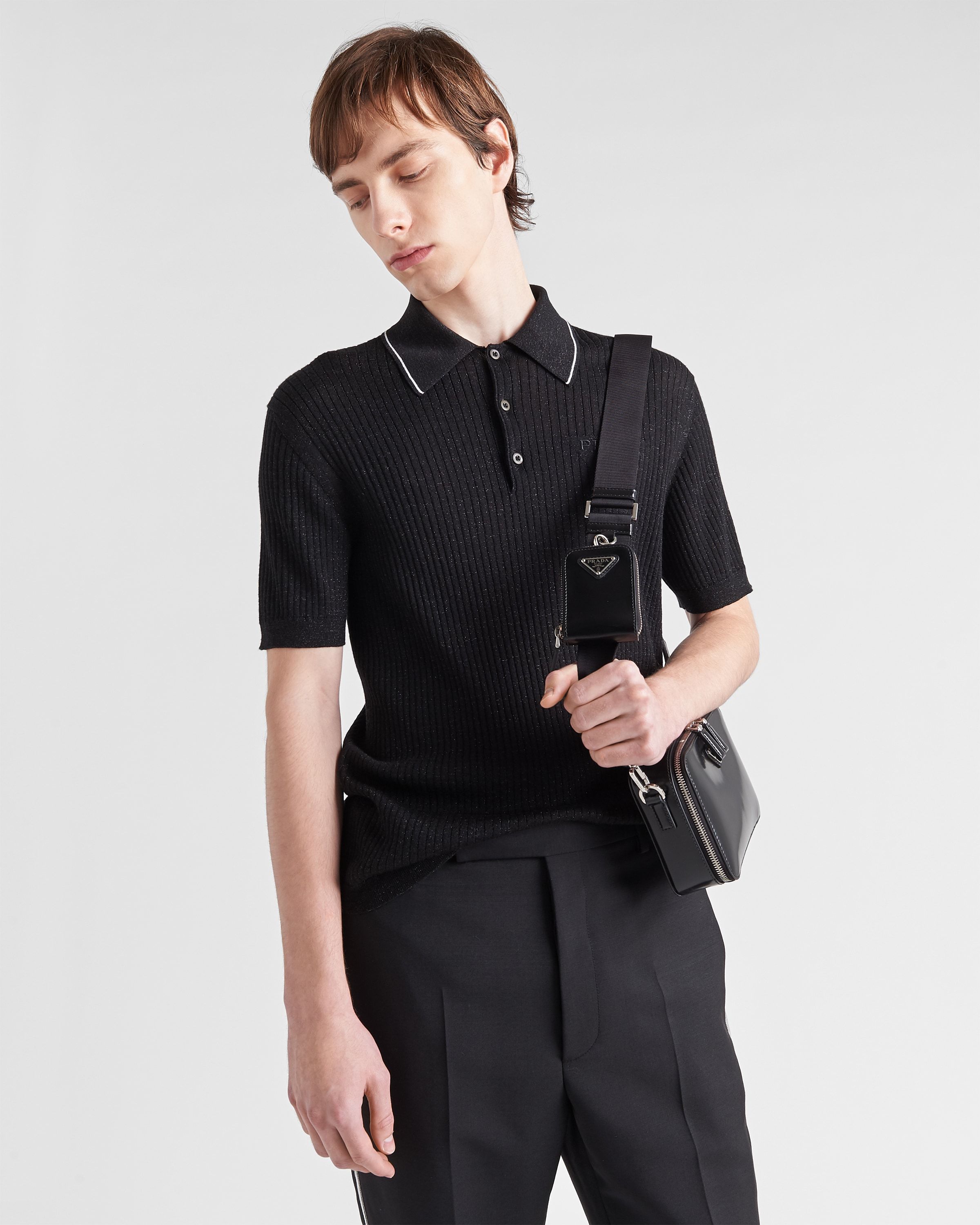Prada Logo Embroidered Short Sleeved Polo Shirt In Black