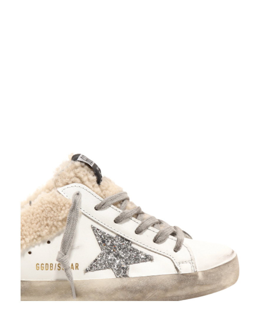 Shop Golden Goose Super-star Sabots In White Leather With Silver Glitter Star And Shearling Lining In Nude