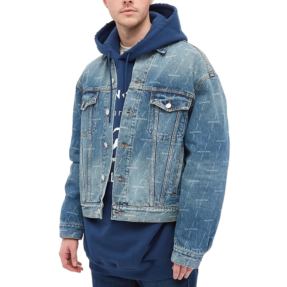 Balenciaga Logo Print Denim Jacket In Blue