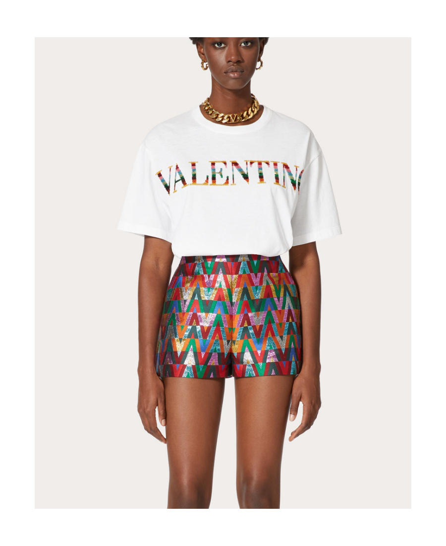 Valentino Sequin-embellished Embroidered Cotton-jersey T-shirt In White