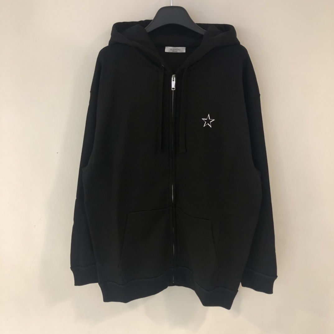 Valentino Vltnstar Zipped Hooded Jacket In Black