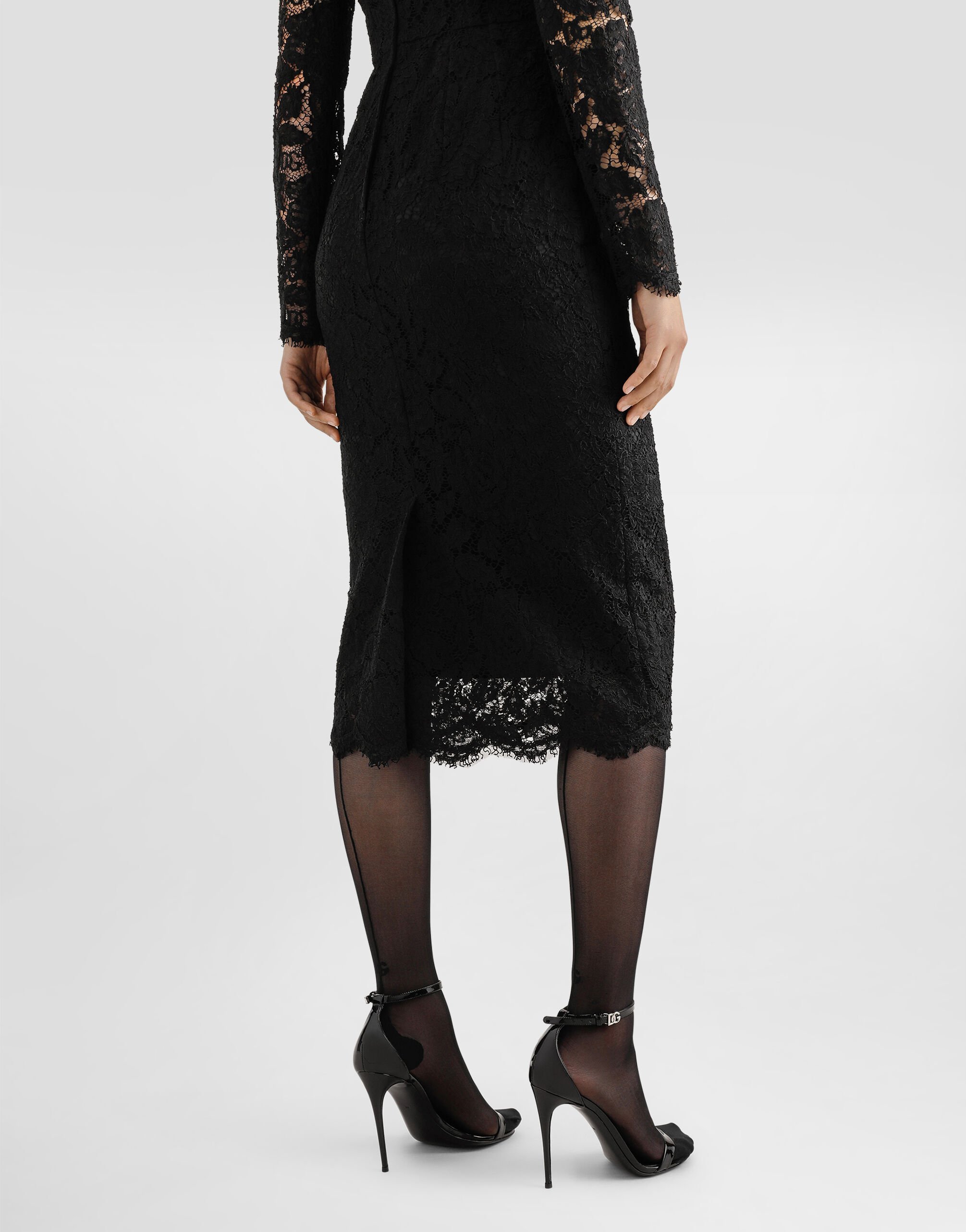 Dolce & Gabbana Long-sleeved Calf-length Dress In Branded Stretch Lace In Black