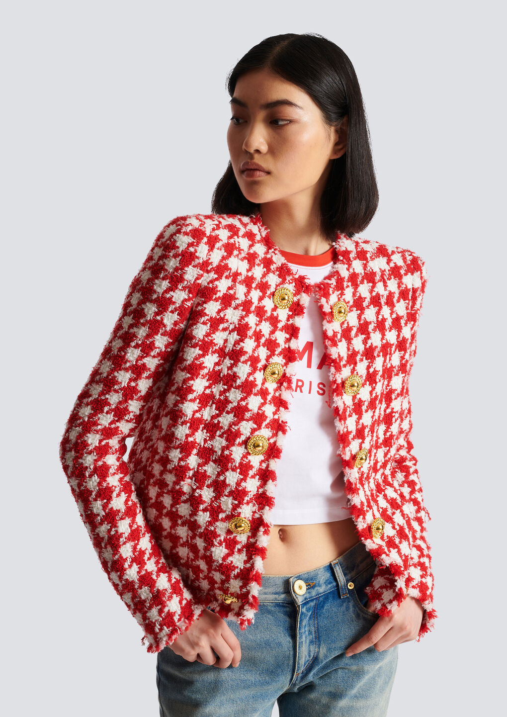 Shop Balmain Houndstooth Tweed Jacket In Red