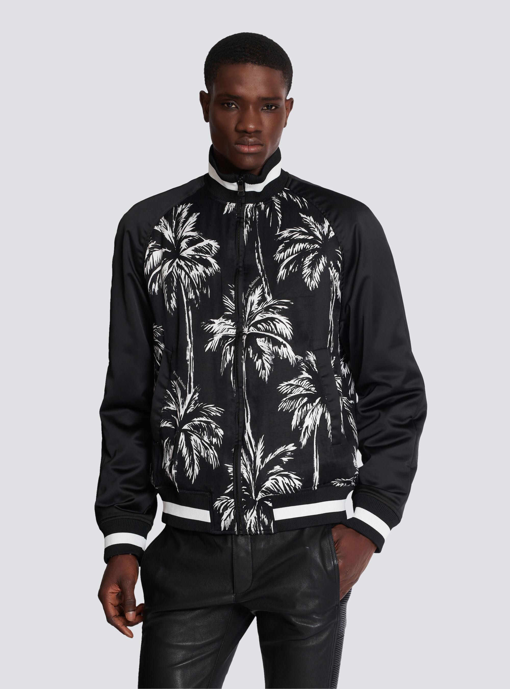 Balmain Printed Satin Palm Tree Bomber Jacket In Black