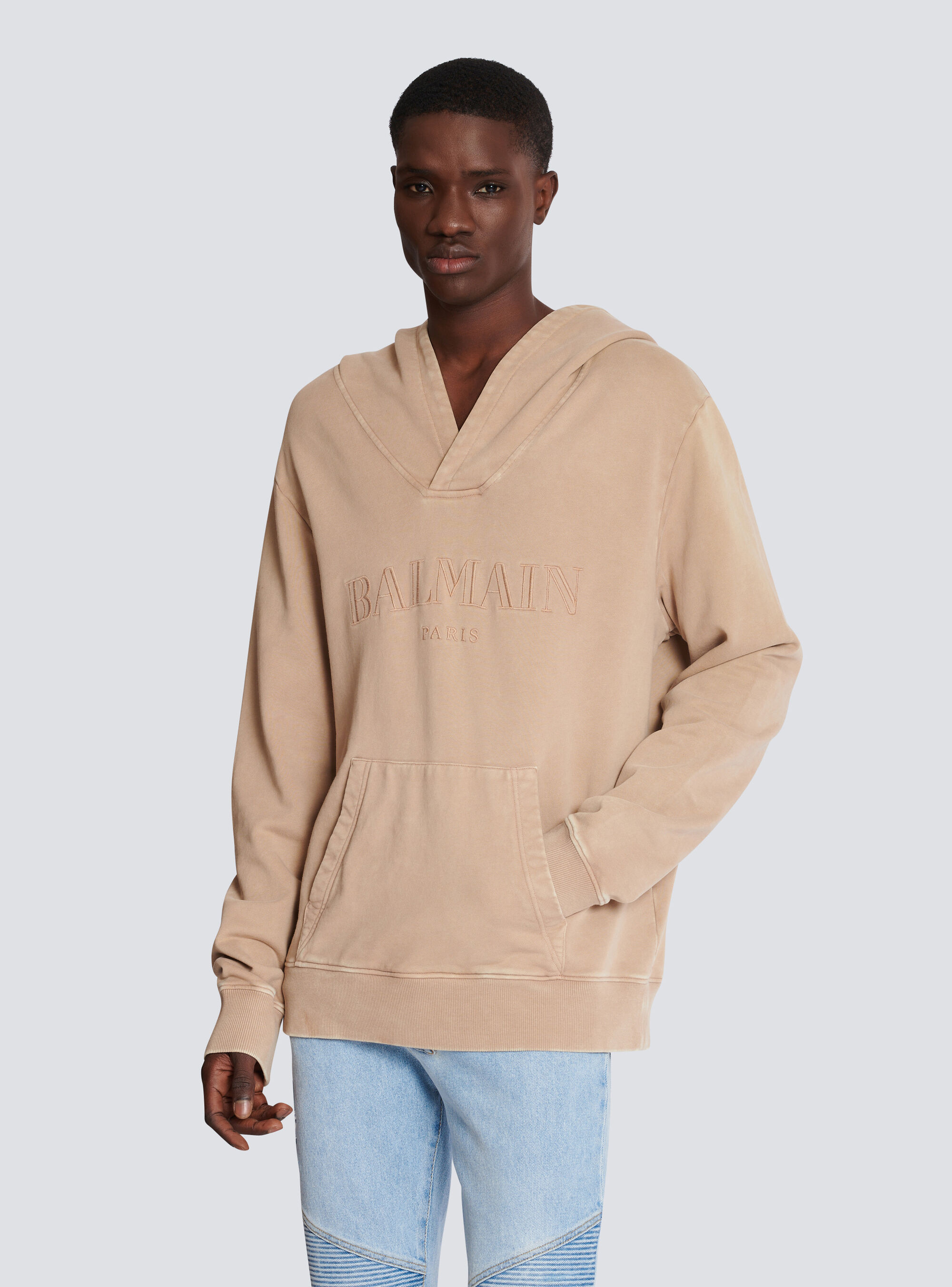 Balmain Logo-embroidered V-neck Cotton Hoodie In Nude