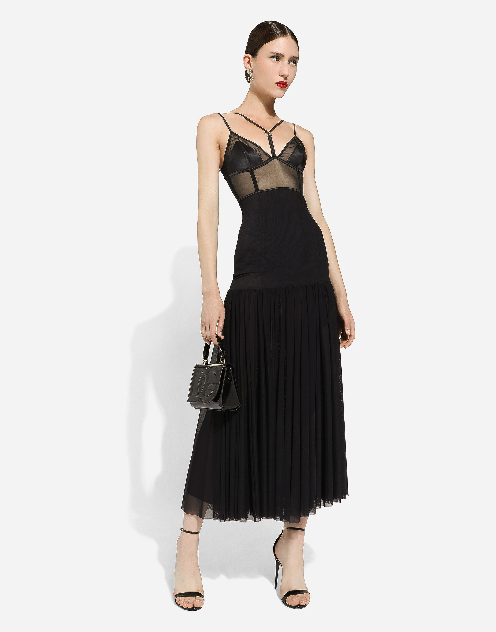 Dolce & Gabbana Dg-plaque Tulle Midi Dress In Black