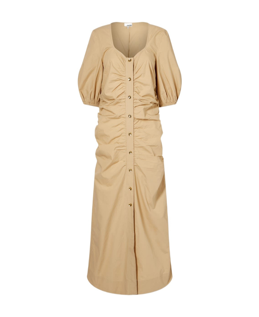 Ganni Short Sleeve Cotton Poplin Gathered Open-neck Maxi Dress In Nude