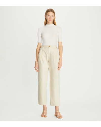 Tory Burch Pleated Button Denim Trousers In Nude
