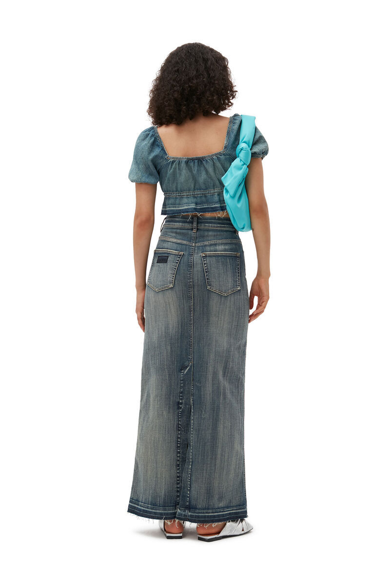 GANNI TINT EDGE DENIM PUFF SLEEVE TOP