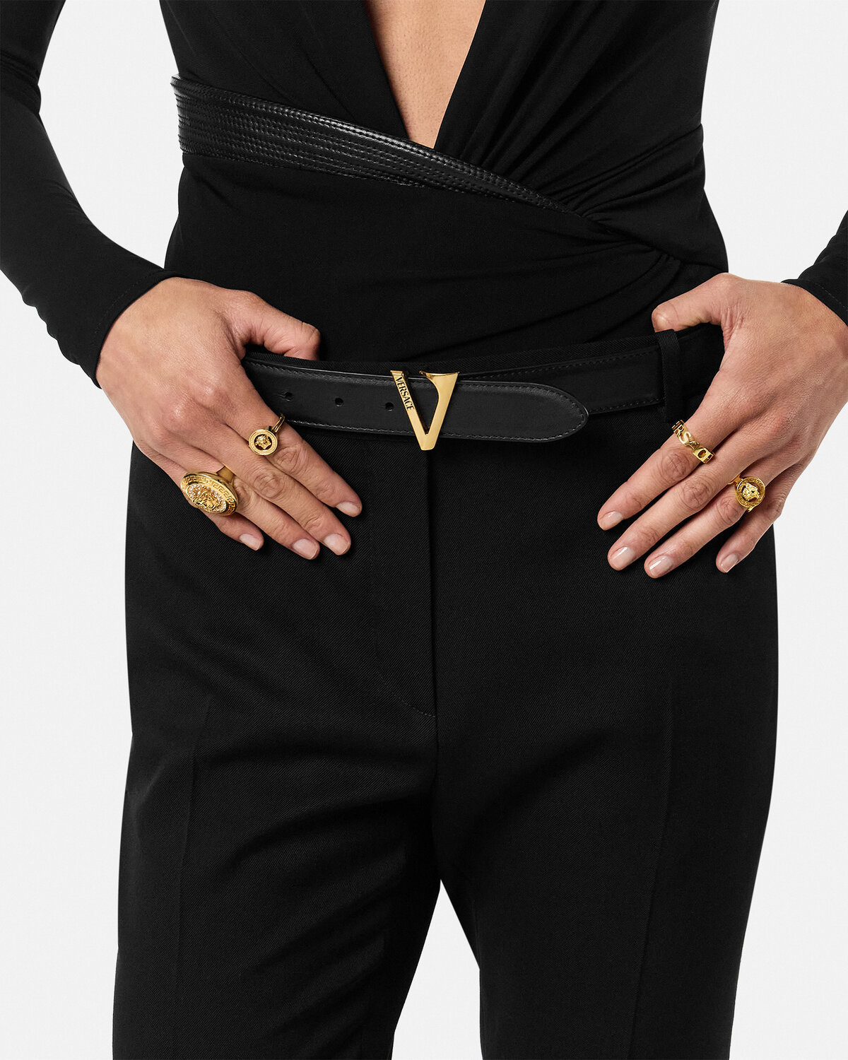 Versace V-buckle Leather Belt In Black