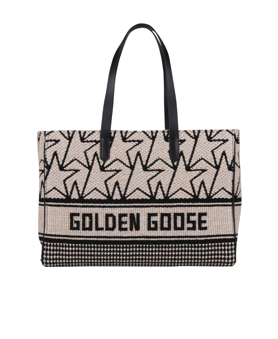 Golden Goose East-west California Bag In Milk-white Jacquard Wool With Contrasting Black Monograms And Golden Goo