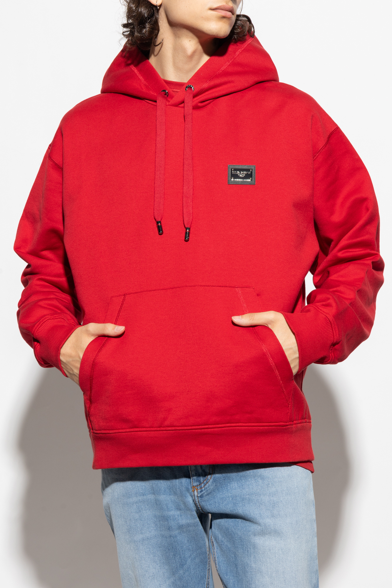 Dolce & Gabbana Logo Plaque Drawstring Hoodie In Red