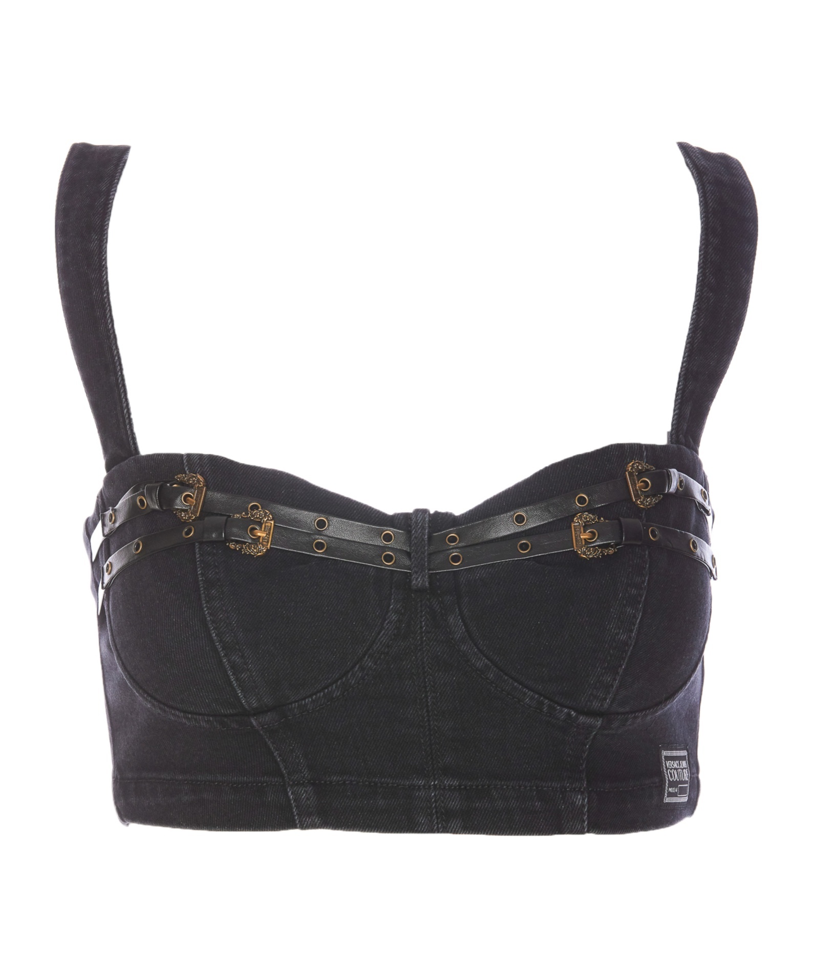 Shop Versace Jeans Couture Denim Buckle Strap Top In Black