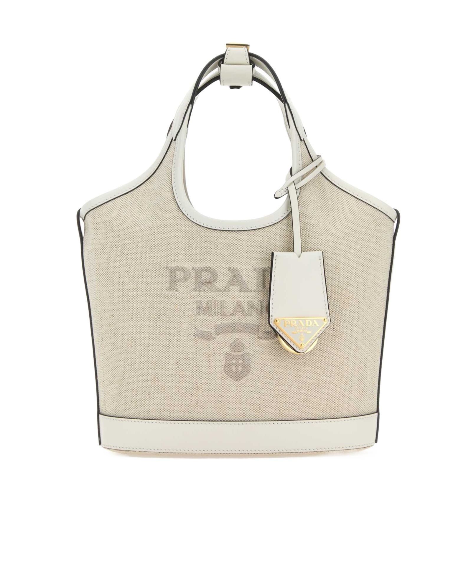 Prada Textured Fabric Shoulder Bag With Top Handle In Tan / White