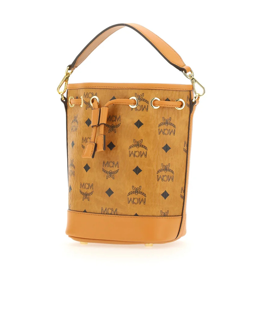 Mcm Allover Monogram Pattern Drawstring Bucket Bag In Brown