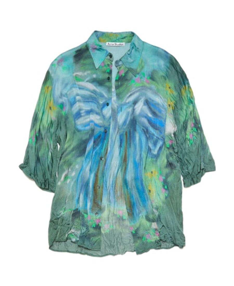 Acne Studios X Karen Kilimnick Bow Print Crinkle Button-up Shirt In Green