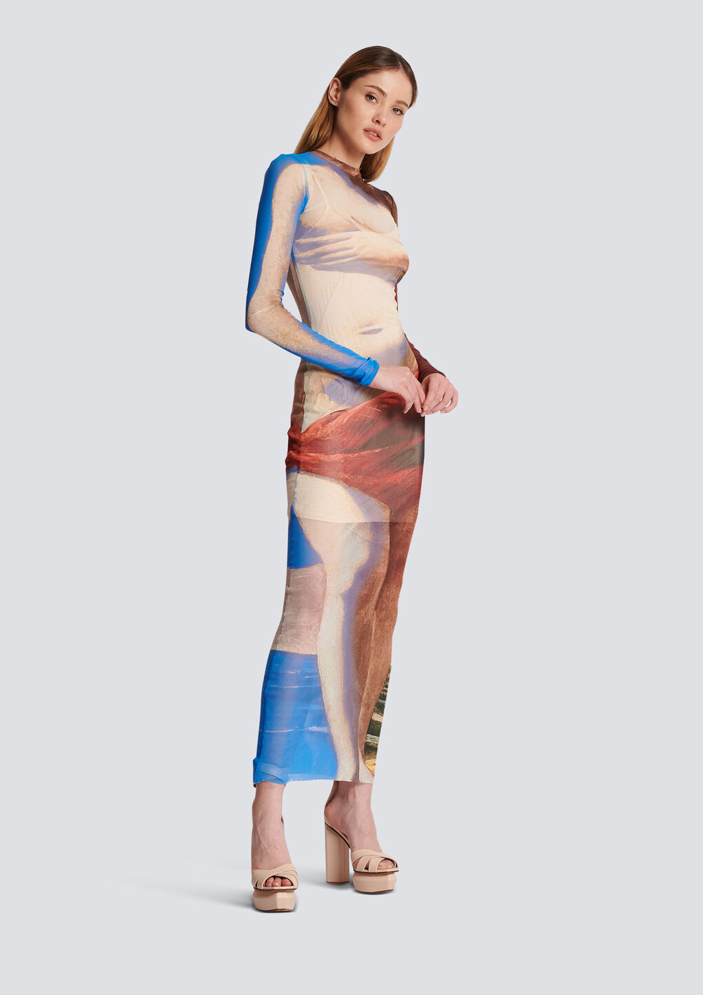 Balmain Trompe-l'oeil Printed Tulle Maxi Dress In Multicolor