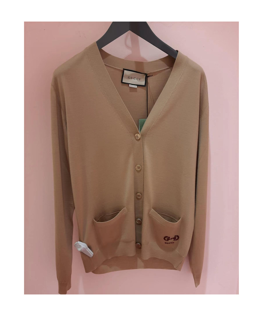 Gucci Embroidered-logo Wool Cardigan In Nude