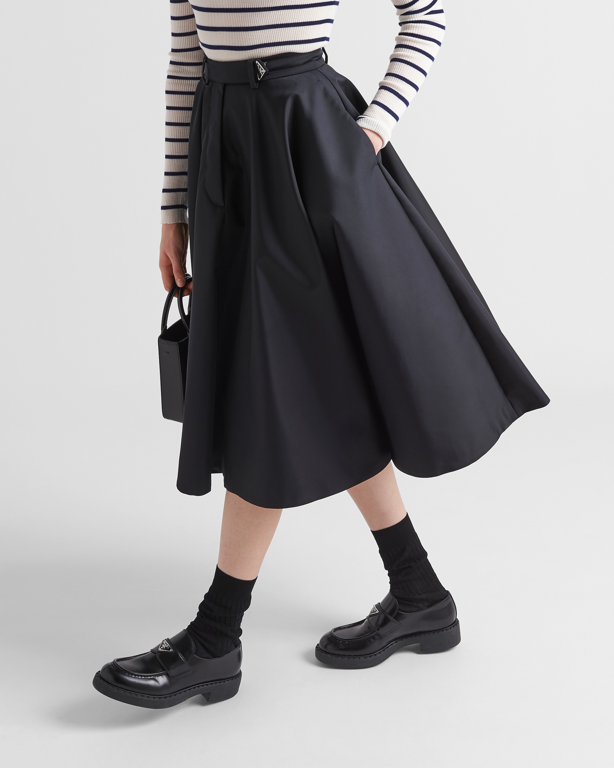 Prada Belted Nylon Gabardine A-line Midi Skirt In Black