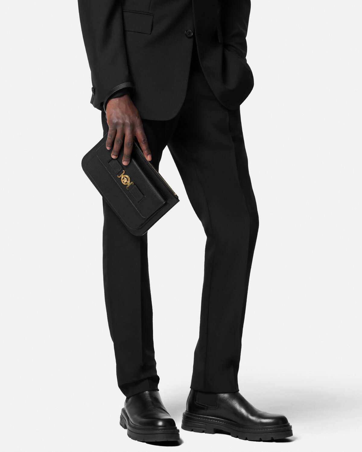 Versace Medusa Plaque Mini Leather Clutch Bag In Black