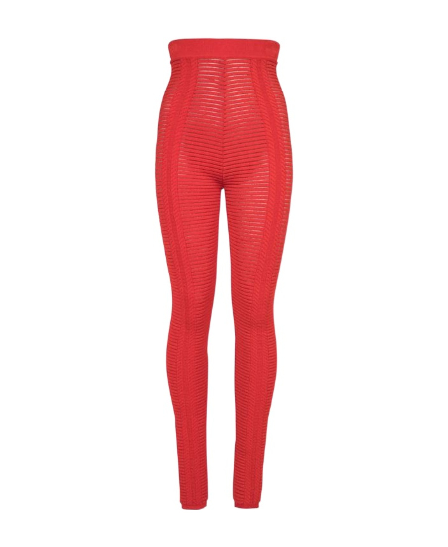 Balmain High-waisted Sheer Knitted Leggings In Red
