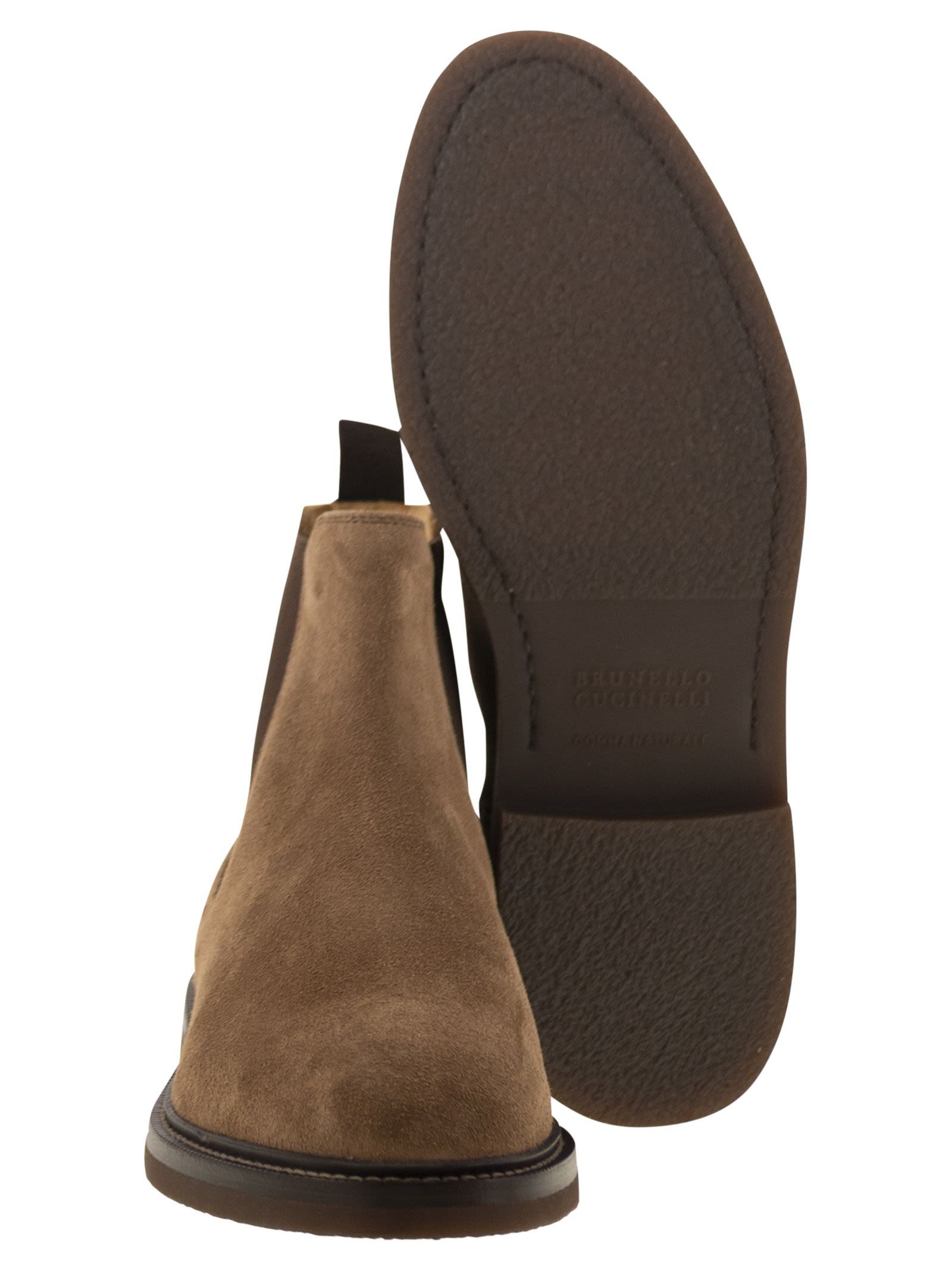 Brunello Cucinelli Mens Dark Brown Chunky-sole Pull-tab Suede Chelsea Boots In Brown