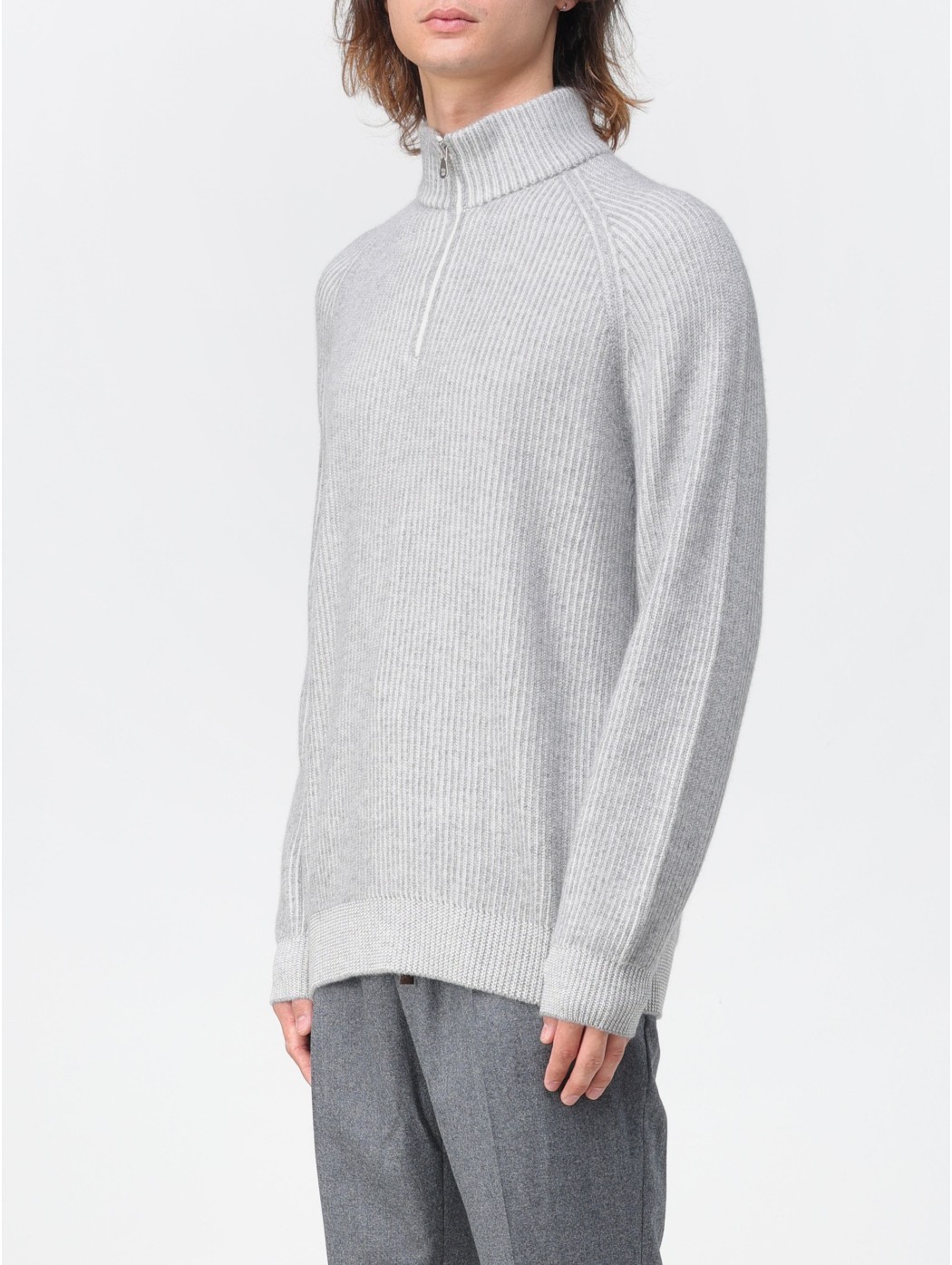 Brunello Cucinelli Ribbed Cashmere Funnel-neck Sweater With Raglan Sleeves In Gray
