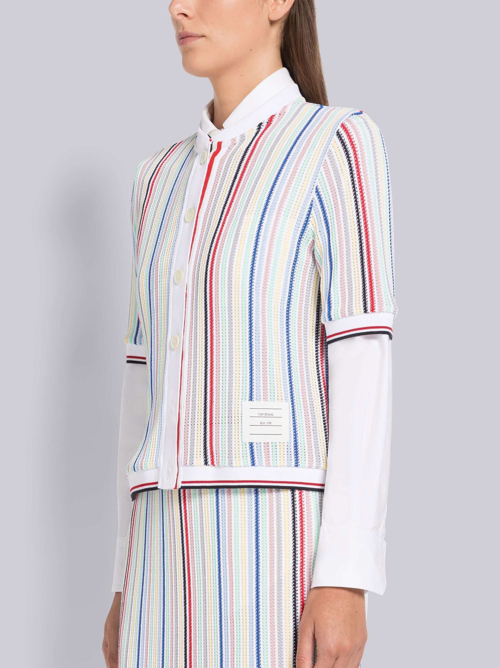 Thom Browne Striped Short-sleeve Knitted Cardigan In White