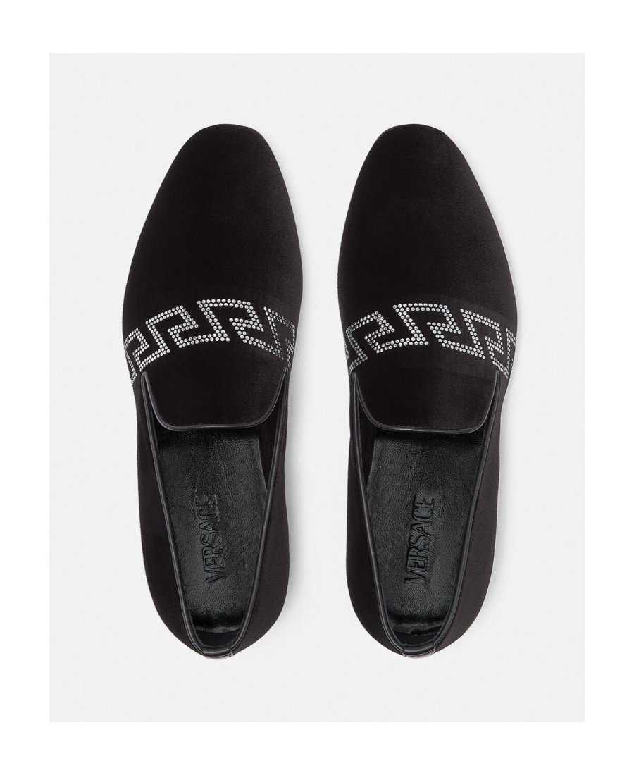 Versace Studded Greca Velvet Loafers In Black
