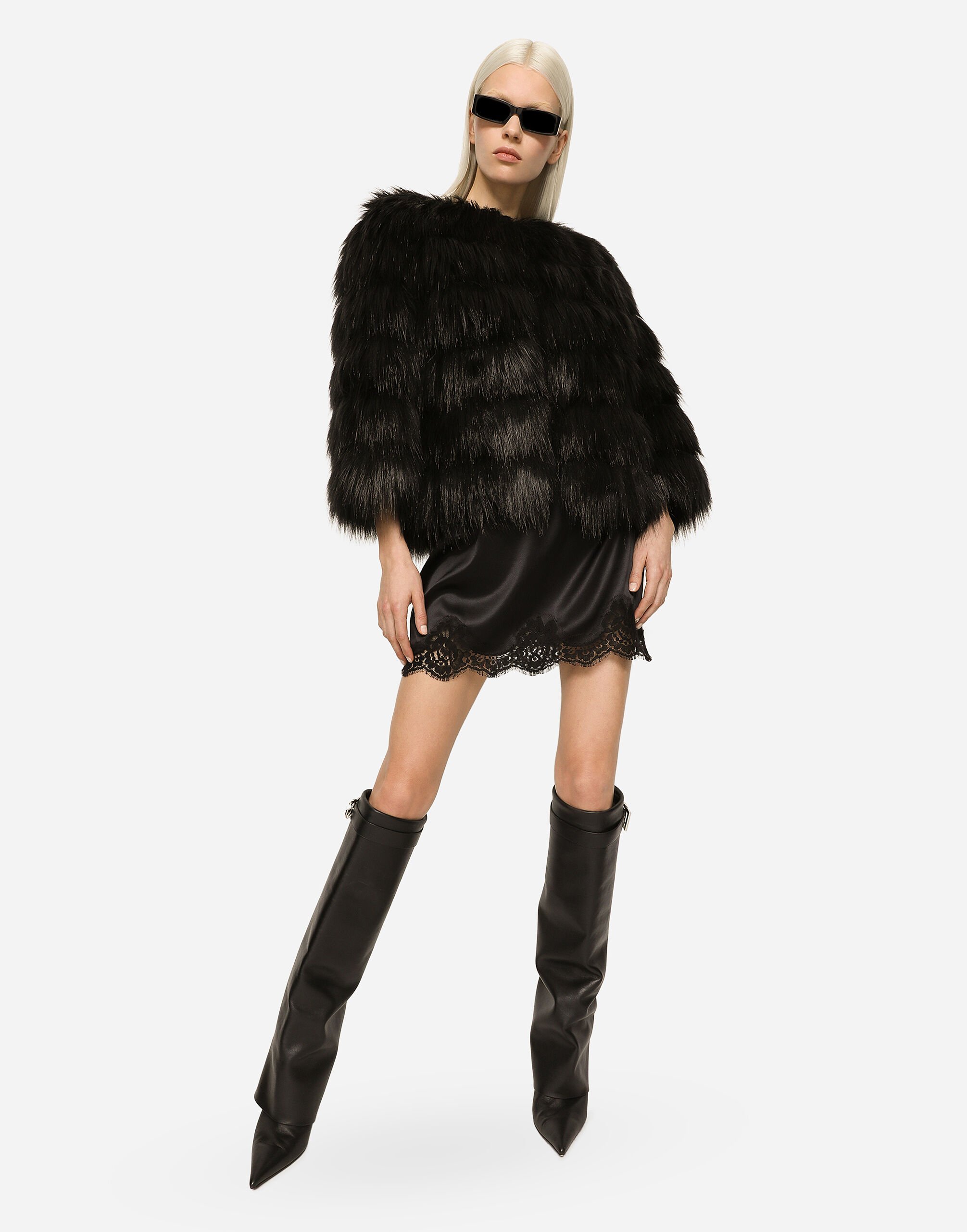 Dolce & Gabbana Faux Fur Cropped Jacket Long Sleeves In Black