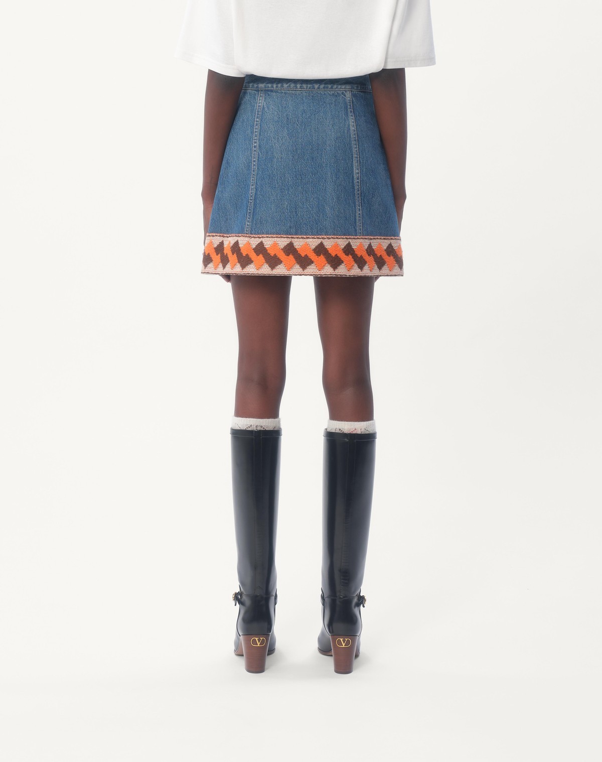 Shop Valentino Denim Skirt With Jacquard Trims In Blue