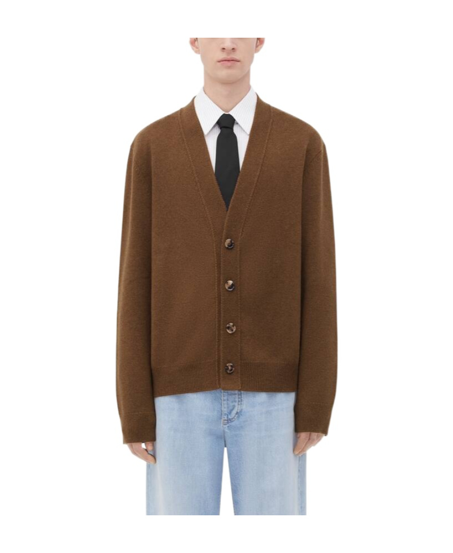 Bottega Veneta Intrecciato Leather-trimmed Cashmere-blend Cardigan In Brown