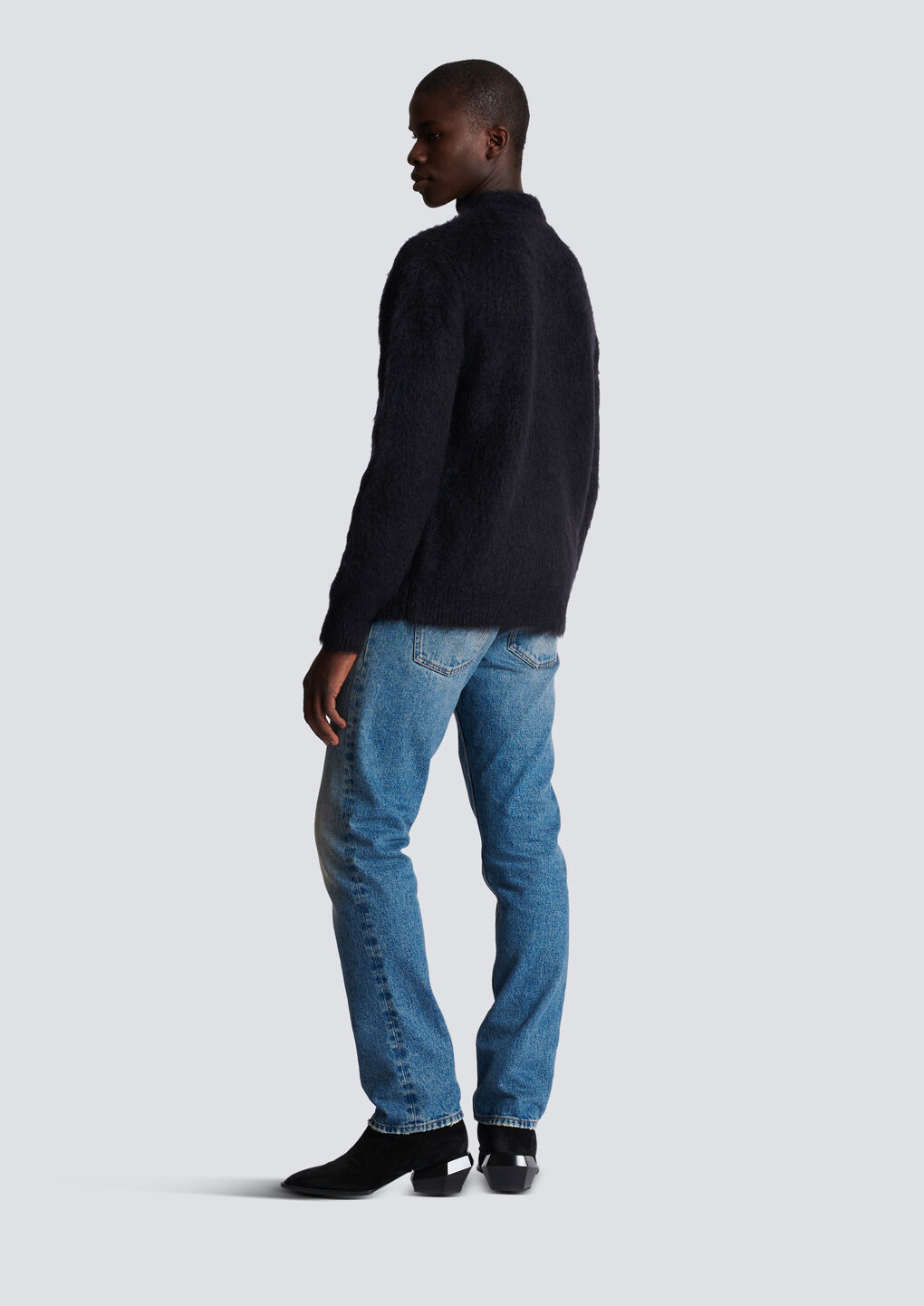 Balmain Black Crewneck Sweater With Maxi Logo Lettering On The Front And Brushed Effect In Wool Blen In Black
