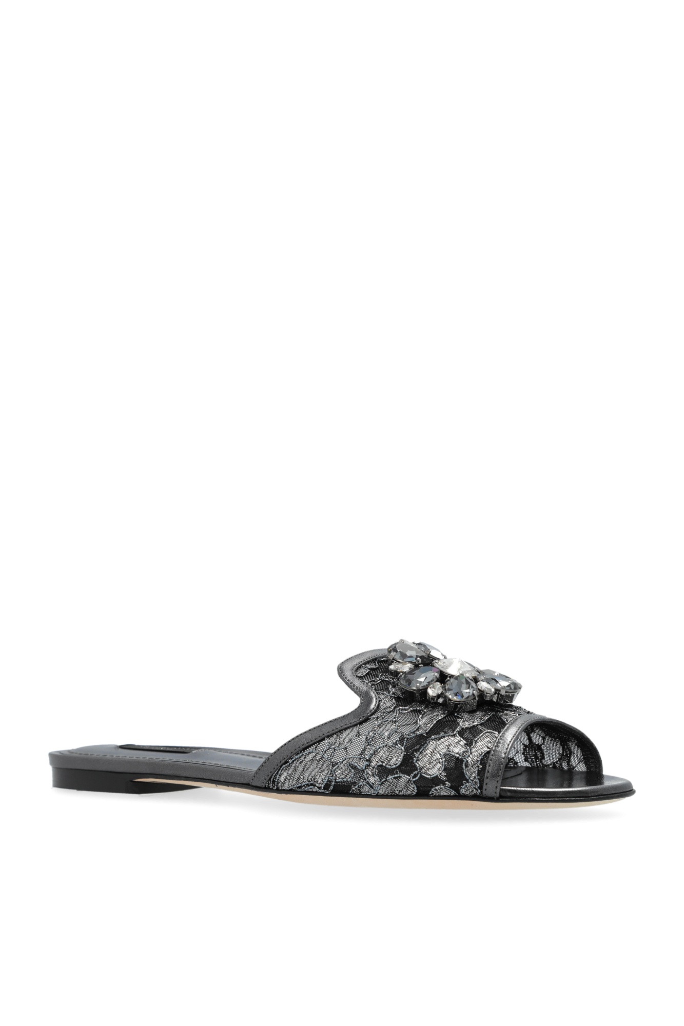 Dolce & Gabbana Crystal Lace Flat Sandals With Floral Overlay In Black