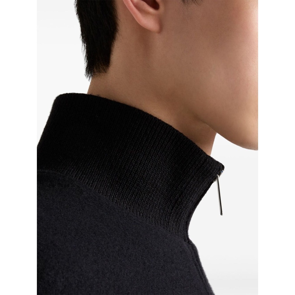 Prada Stretch Wool Blend Cardigan With Front Pockets In Black