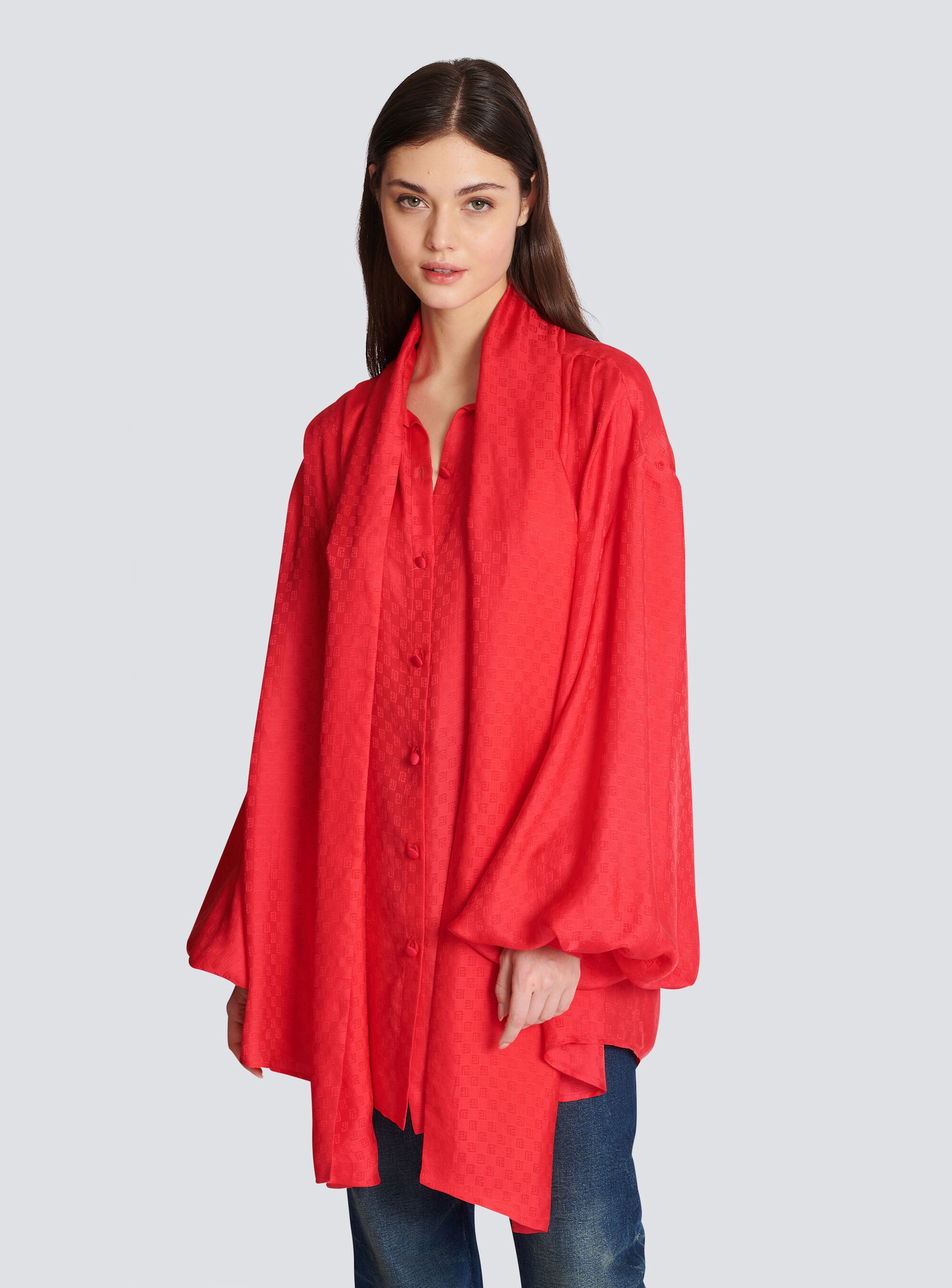 Balmain Monogram-jacquard Silk Shirt In Red