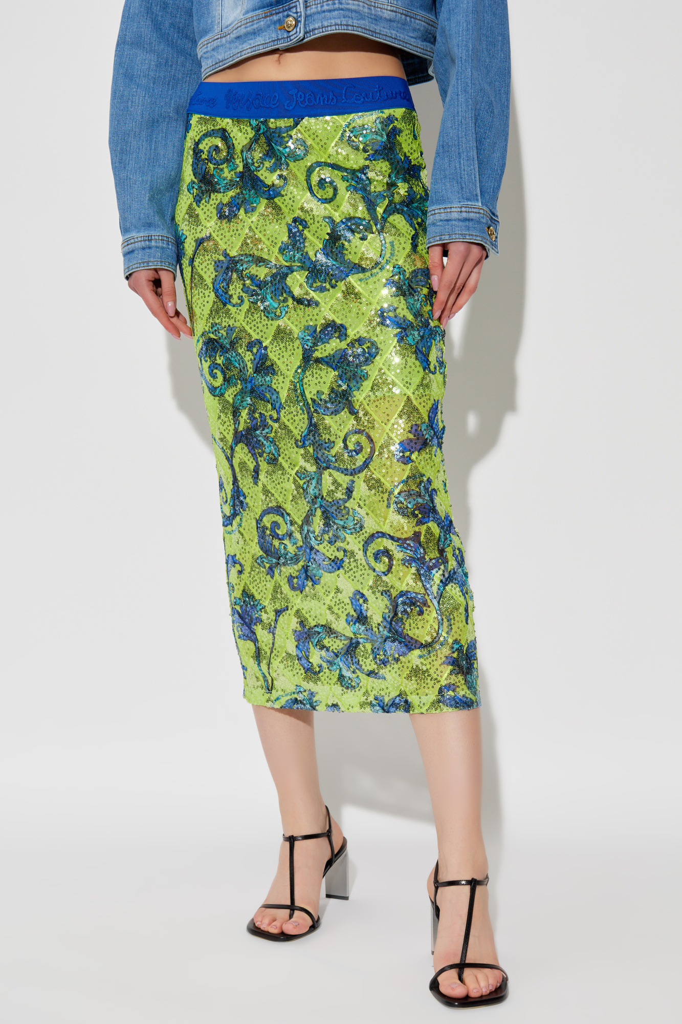 Shop Versace Jeans Sequin-embellished Midi Skirt In Green