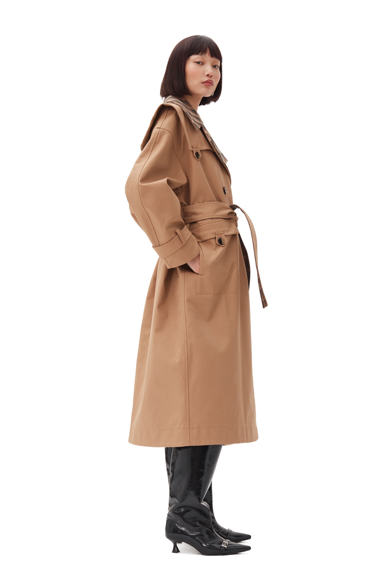 GANNI BROWN BONDED COTTON OVERSIZED TRENCH COAT