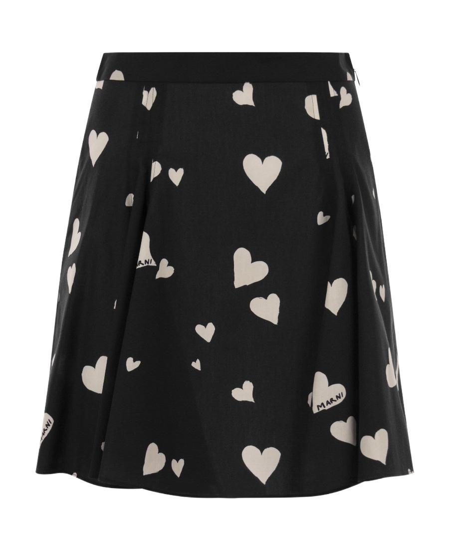 Marni Black Poplin Skirt With Bunch Of Hearts Print In Black