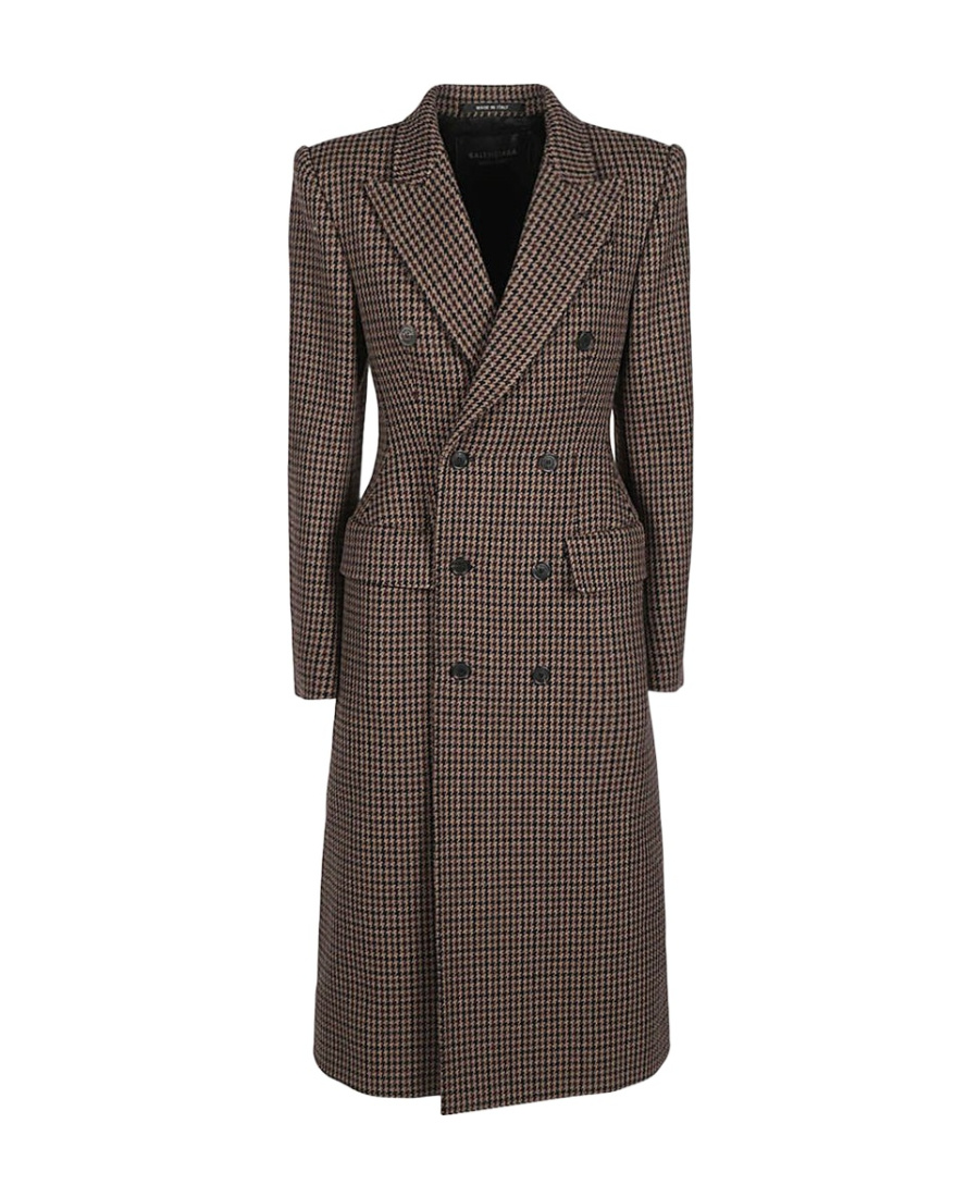 Balenciaga Houndstooth Wool Double-breasted Coat In Multicolor