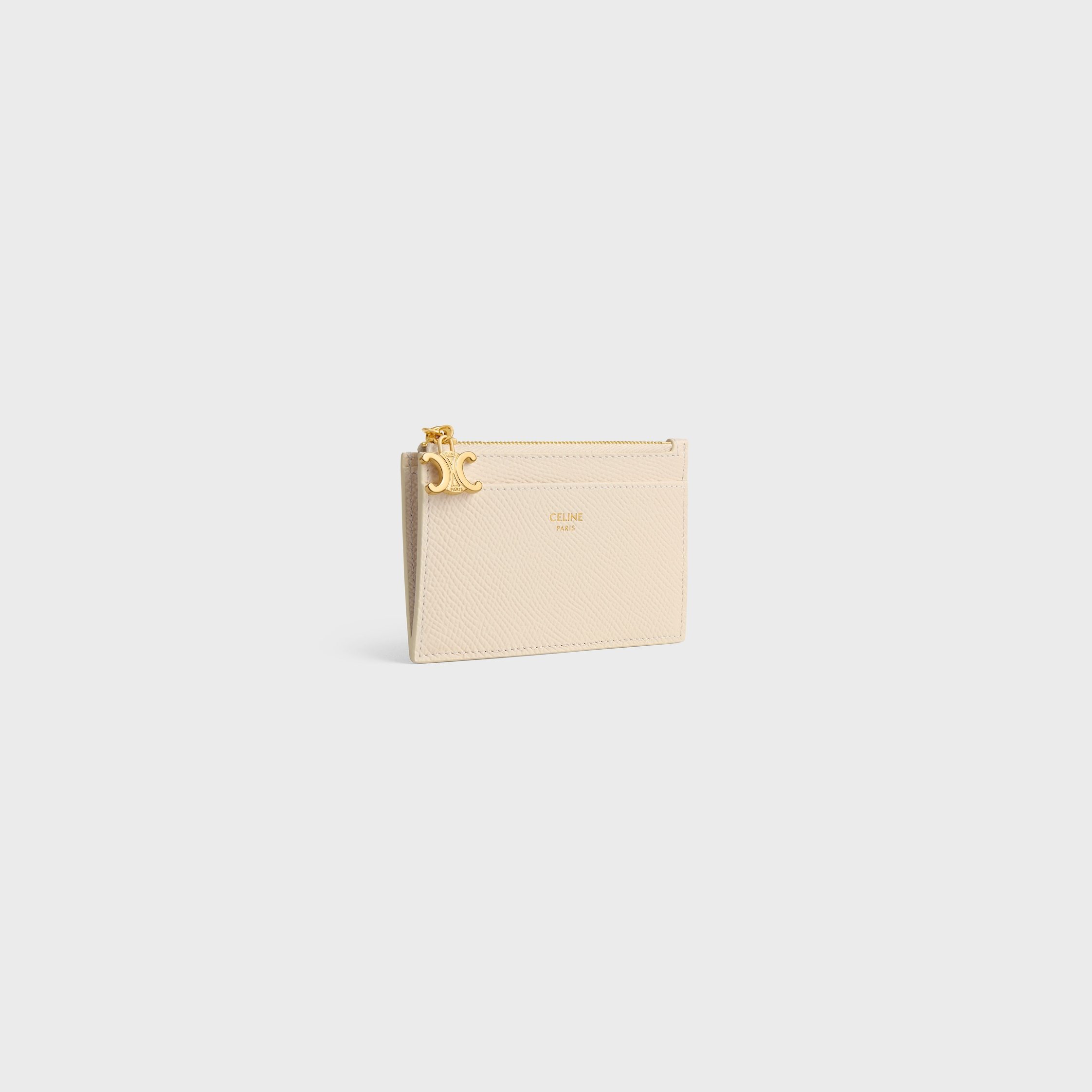 Celine Zipped Card Holder Triomphe Charms In Grained Calfskin In White