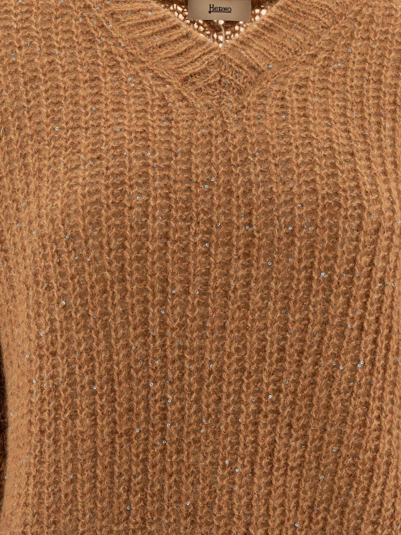 Herno Sequined Brown Knit Sweater With V-neckline In Brown