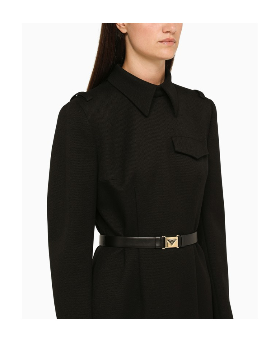 Prada High Neck Belted Waist Midi Dress In Black